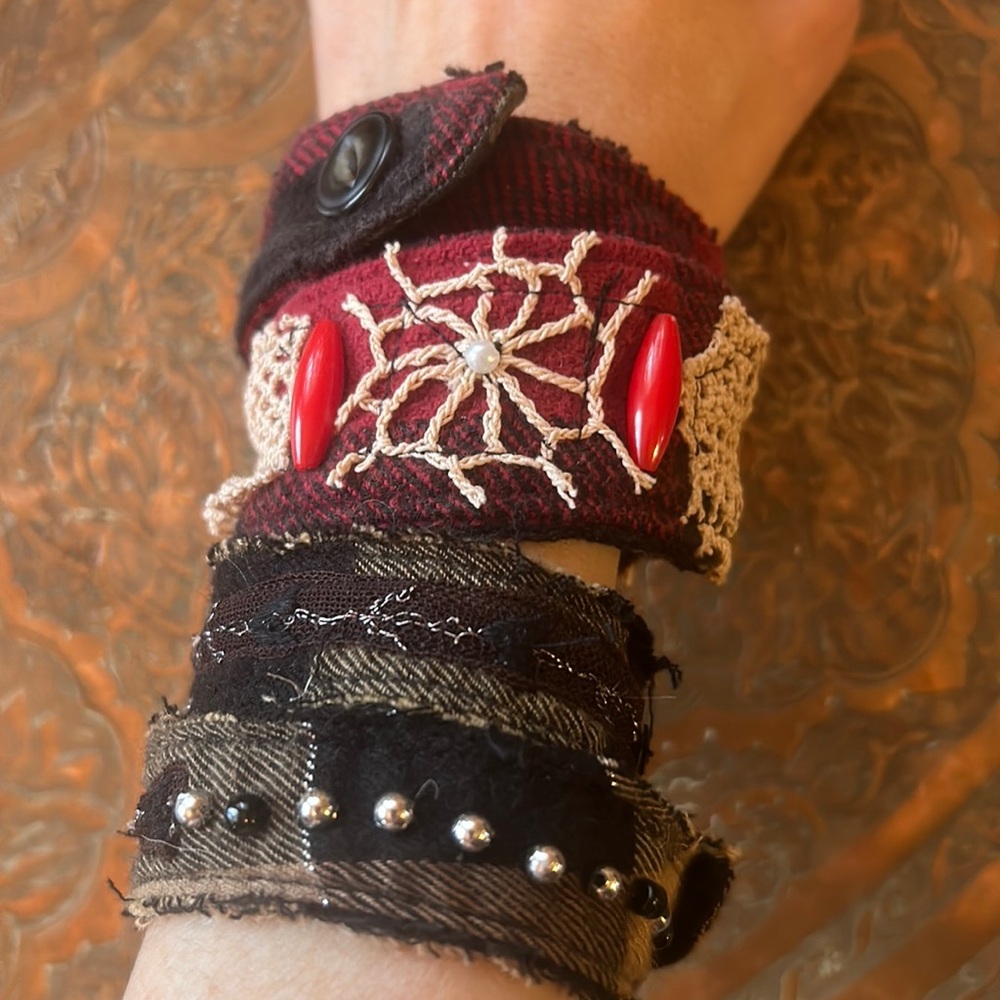 Handmade stackable upcycled flannel fabric crochet beaded lace wrap bracelets